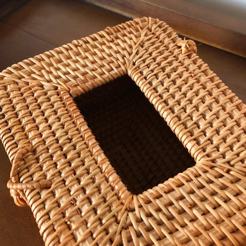 rectangular handwoven rattan natural brown eco-friendly tissue box details