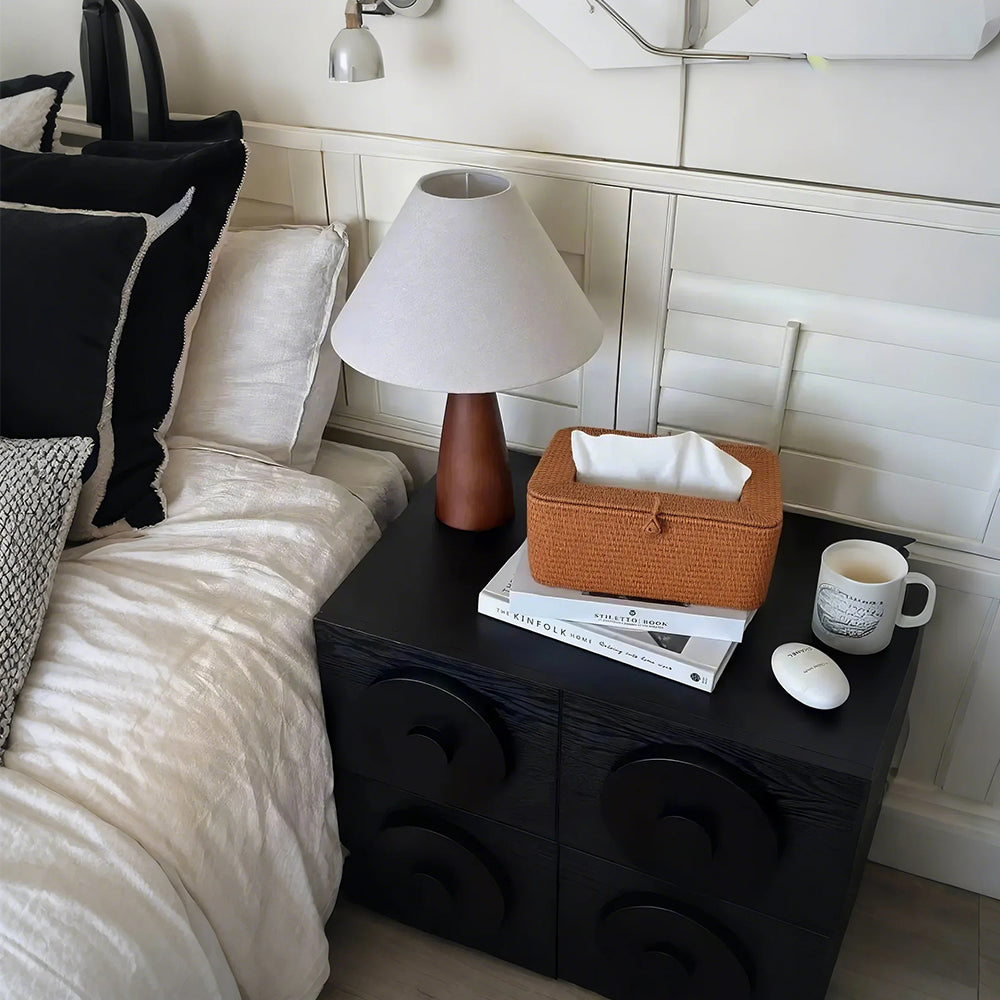 rectangular handwoven rattan natural brown tissue box on the nightstand