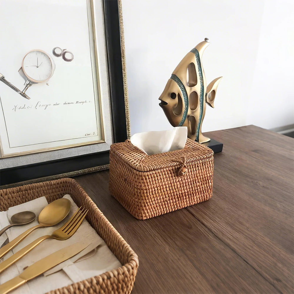 rectangular handwoven rattan natural brown tissue box on the table