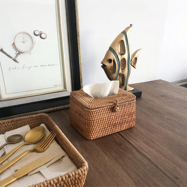 rectangular handwoven rattan natural brown tissue box on the table