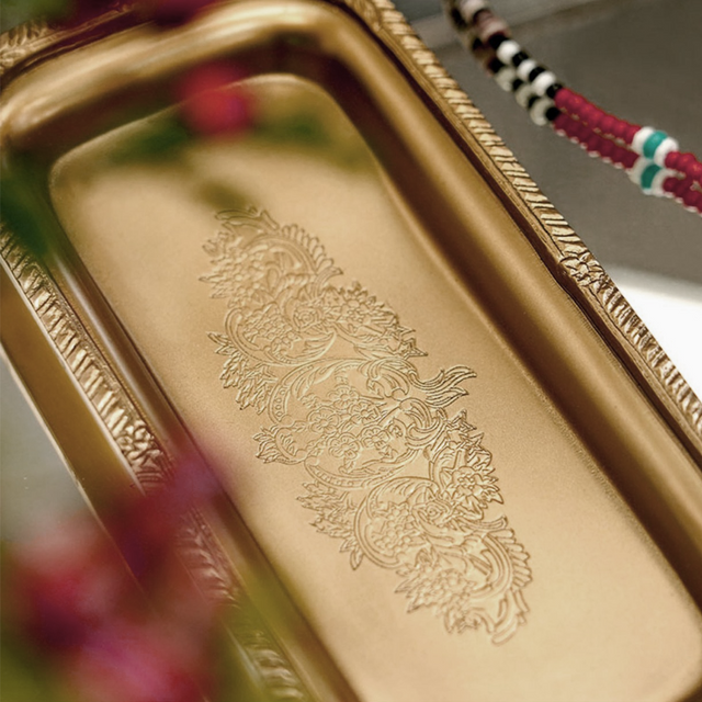 rectangular indian brass embossed serving tray details