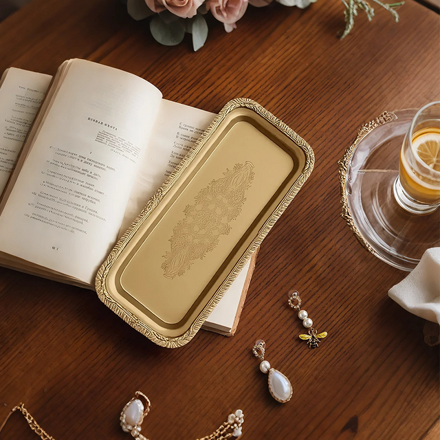 rectangular indian brass embossed serving tray with jewelry