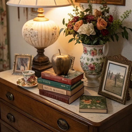 resin apple shaped decorative ornament on the cabinet