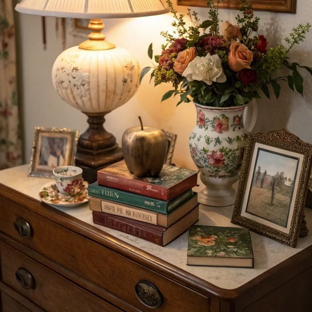 resin apple shaped decorative ornament on the cabinet