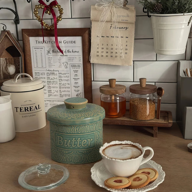 retro relief ceramic butter storage crock on the table