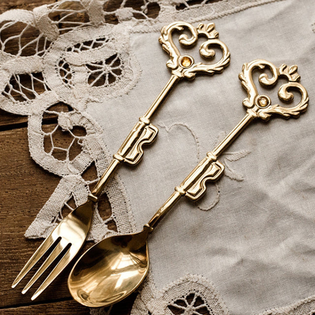 retro stainless steel golden key shaped fork and spoon