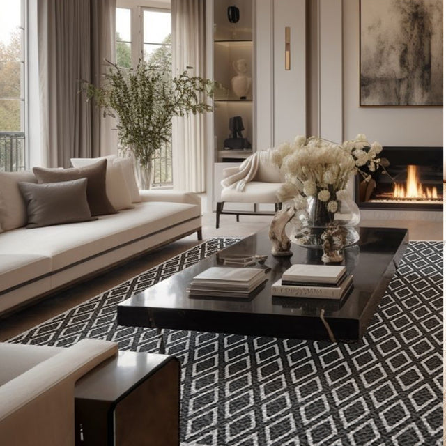 rhombus black and white rug in the living room