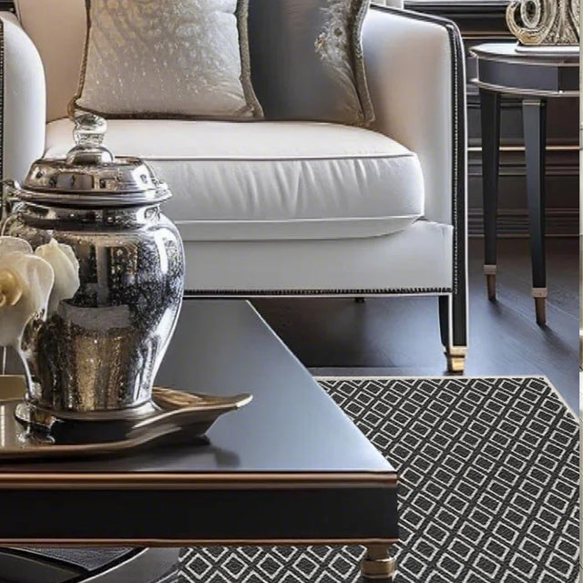 rhombus black and white rug under the coffee table