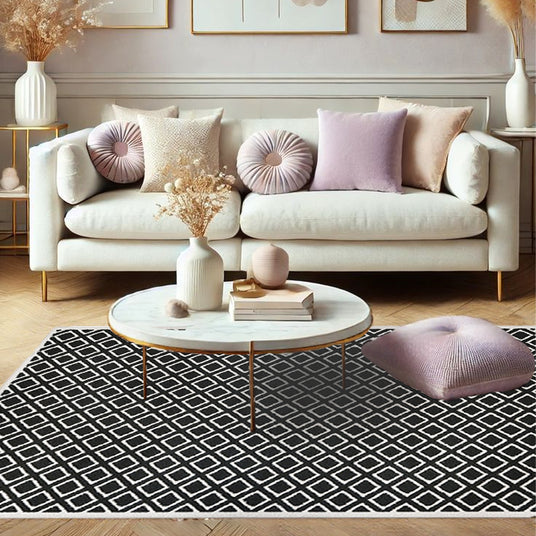 rhombus black and white rug under the coffee table