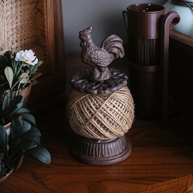 rooster thread spool on a brown table