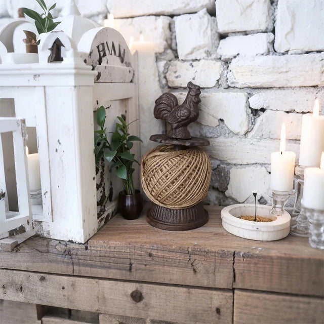 rooster thread spool on a wood table