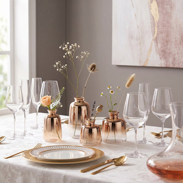 rose gold vases with flowers and wine glasses on table