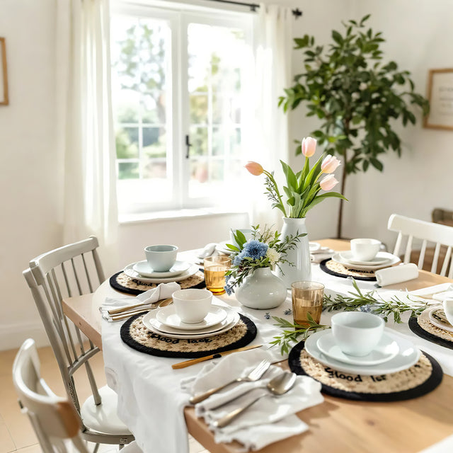 round jute woven smiling face table coaster on the dining table