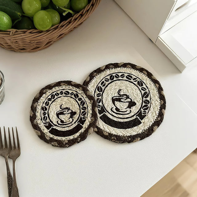 round jute woven table coaster on the table