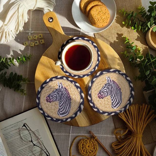 round jute woven zebra table coaster on the tray