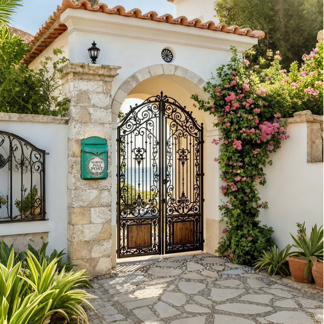 rustic green mailbox hanging near the front door