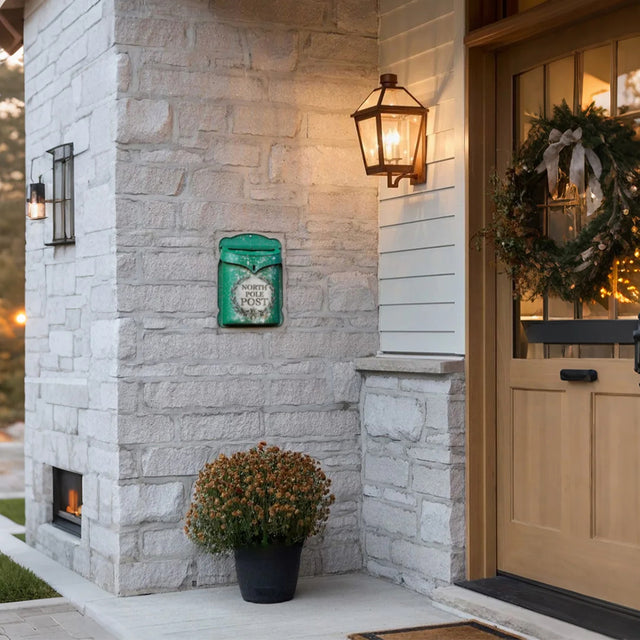 rustic green mailbox hanging on the front porch