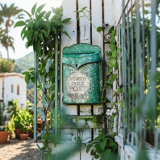 rustic green mailbox hanging on the wooden trellis