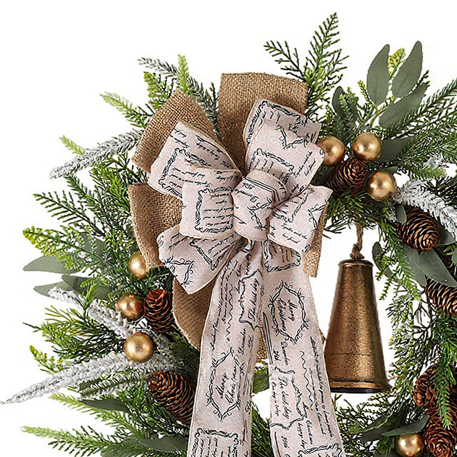 rustic pinecone & bell christmas wreath details