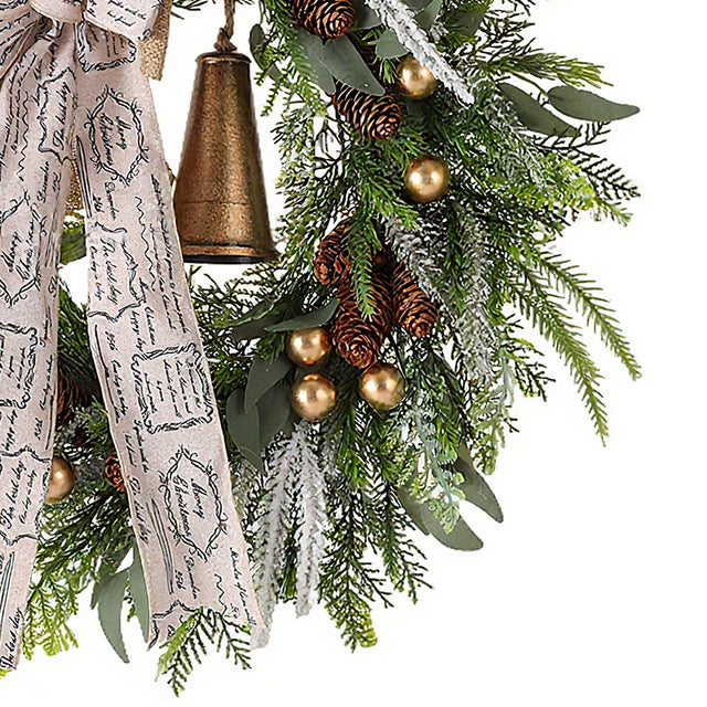 rustic pinecone & bell christmas wreath details