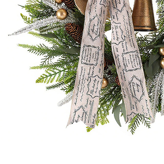 rustic pinecone & bell christmas wreath details