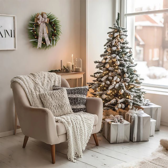 rustic pinecone & bell christmas wreath hang in the living room