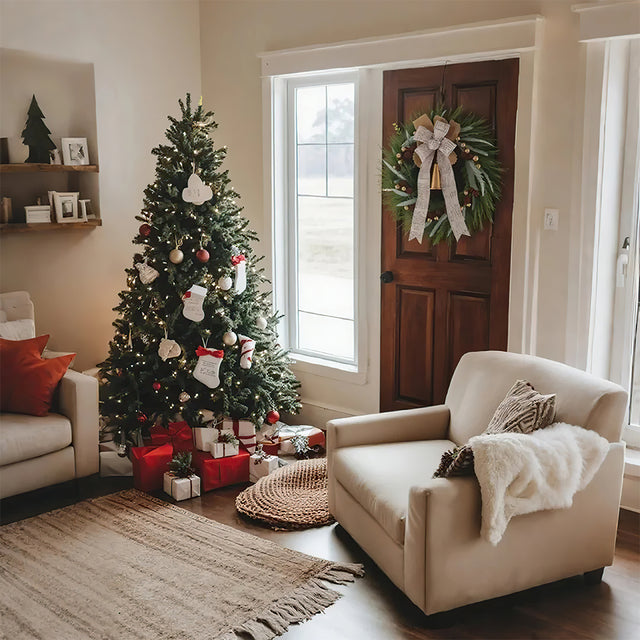 rustic pinecone & bell christmas wreath hang on door