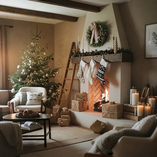 rustic pinecone & bell christmas wreath hang on fireplace