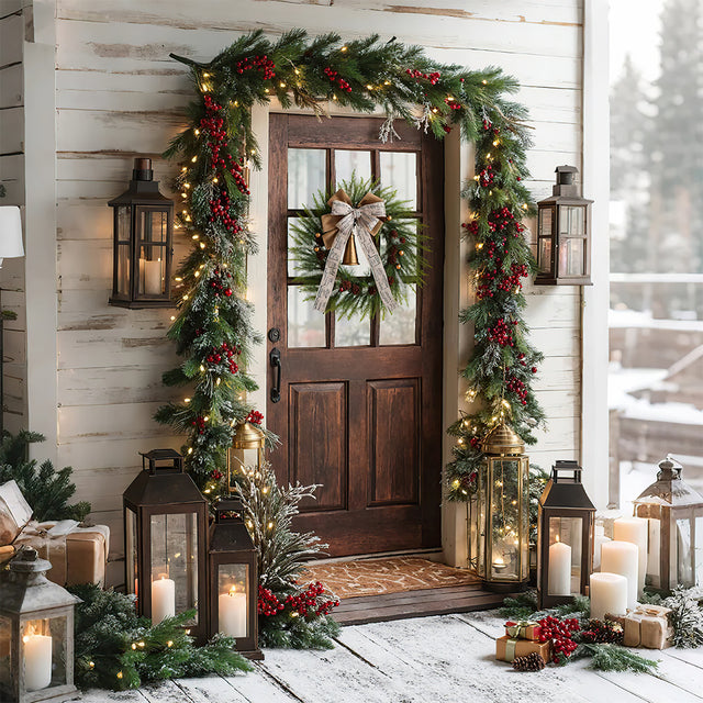 rustic pinecone & bell christmas wreath on outside door