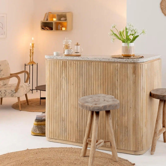 rustic wood stool in home bar