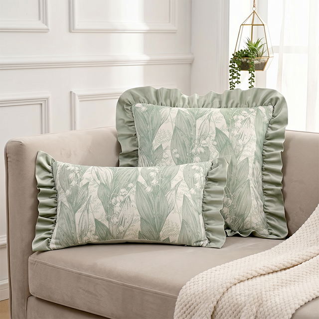 sage green lily of valley ruffle throw pillows