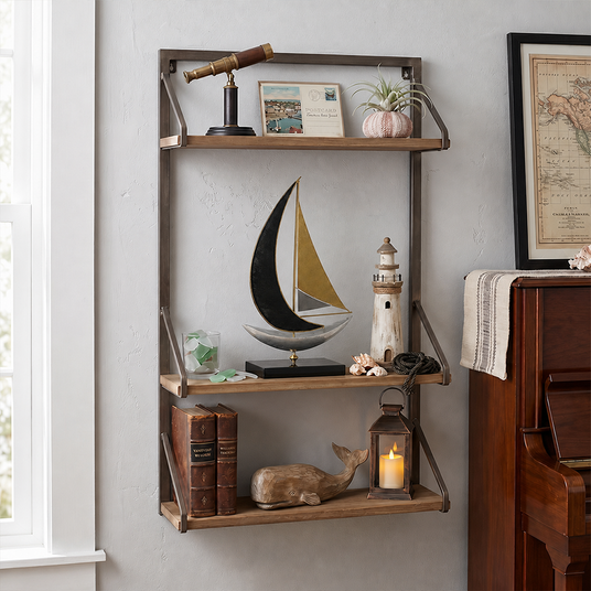sailboat sculpture on nautical wall shelf