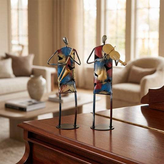 sculptures on table music room guitar poster