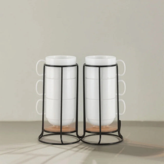 set of 6 white ceramic stacking coffee mugs with black metal rack