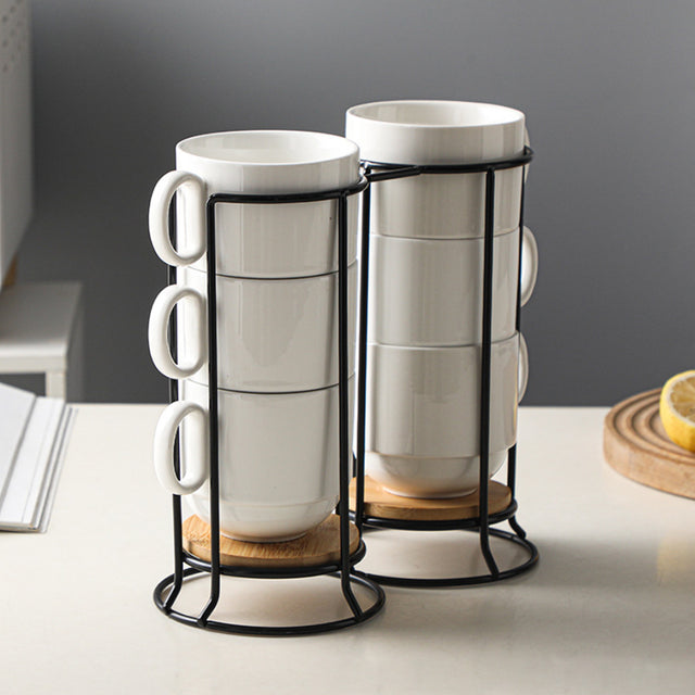 set of 6 white ceramic stacking coffee mugs with black metal details