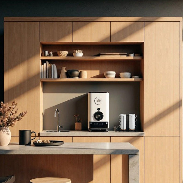 set of 6 white ceramic stacking coffee mugs with black metal in the kitchen