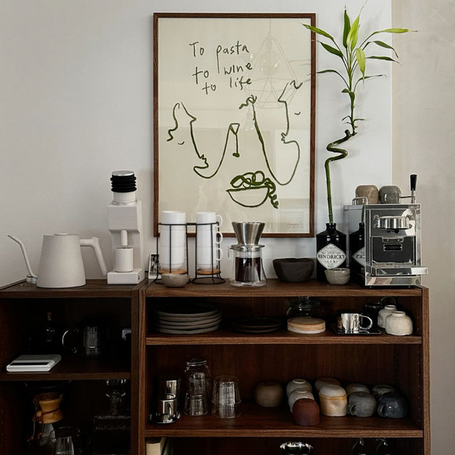 set of 6 white ceramic stacking coffee mugs with black metal on the coffee corner