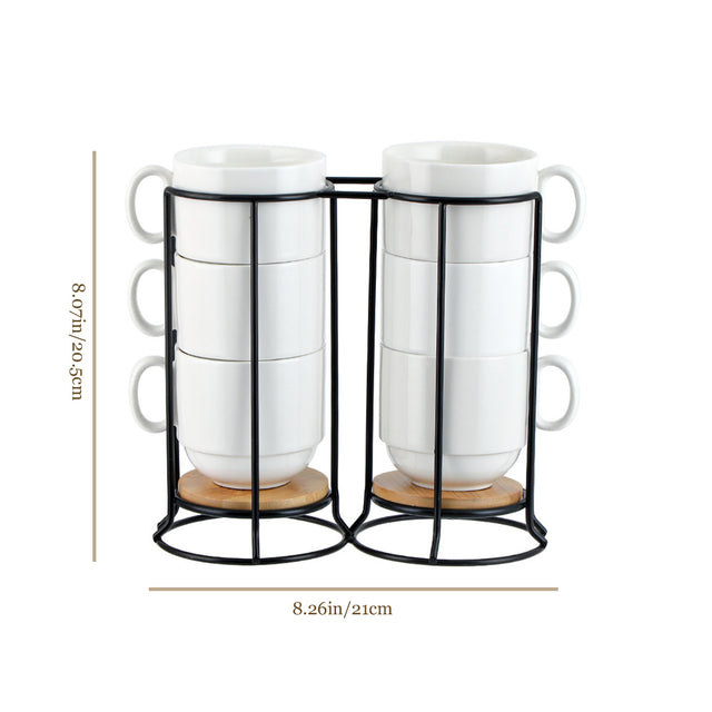 set of 6 white ceramic stacking coffee mugs with black metal size chart