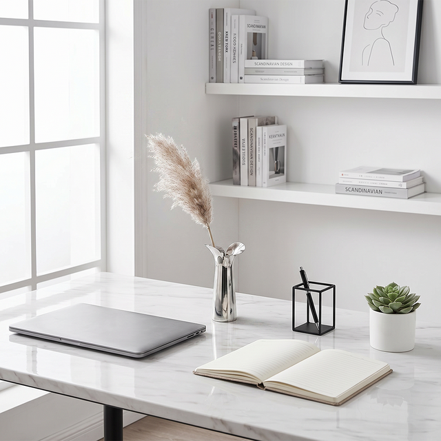 silver petal vase with pampas on desk
