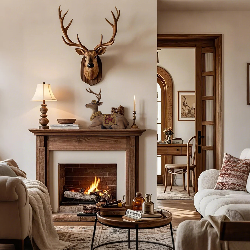 sitting deer figurine above the fireplace