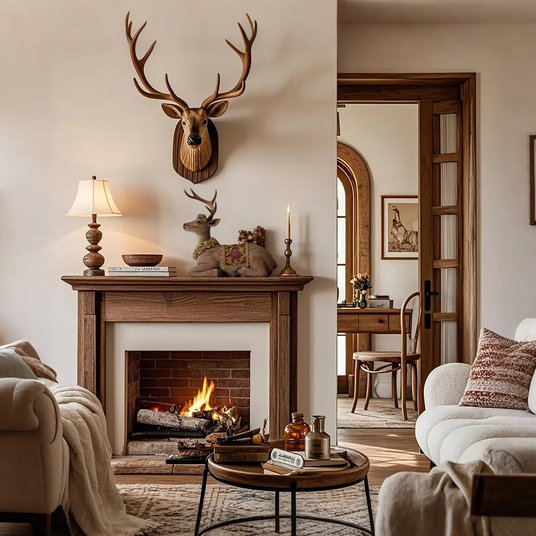 sitting deer figurine above the fireplace