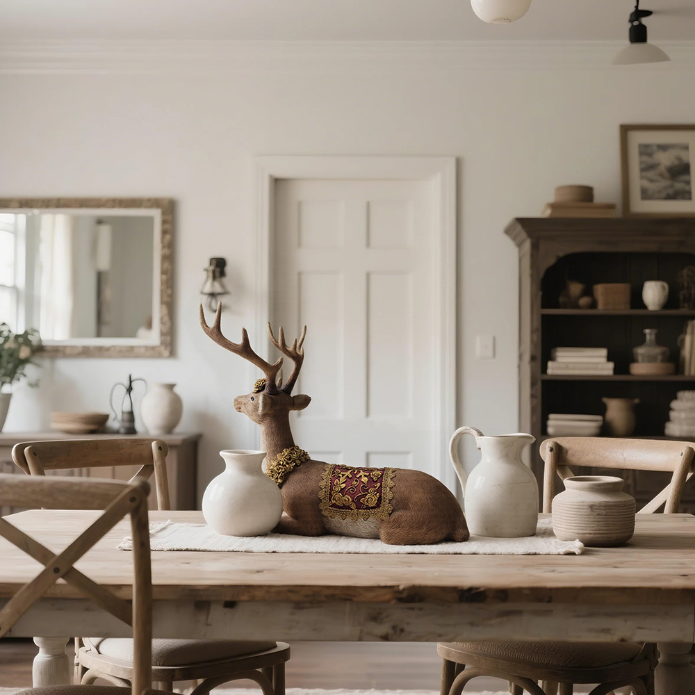 sitting deer figurine on the wooden table
