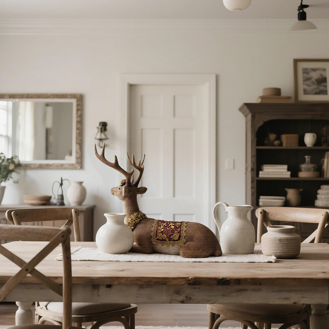 sitting deer figurine on the wooden table