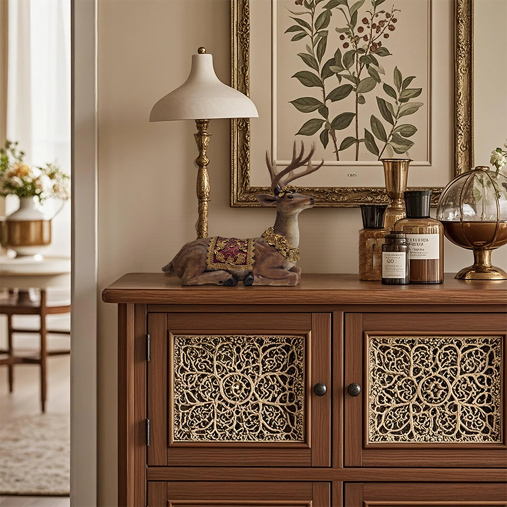 sitting deer figurine on the wooden table