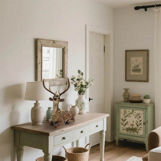 sitting deer figurine on the wooden table