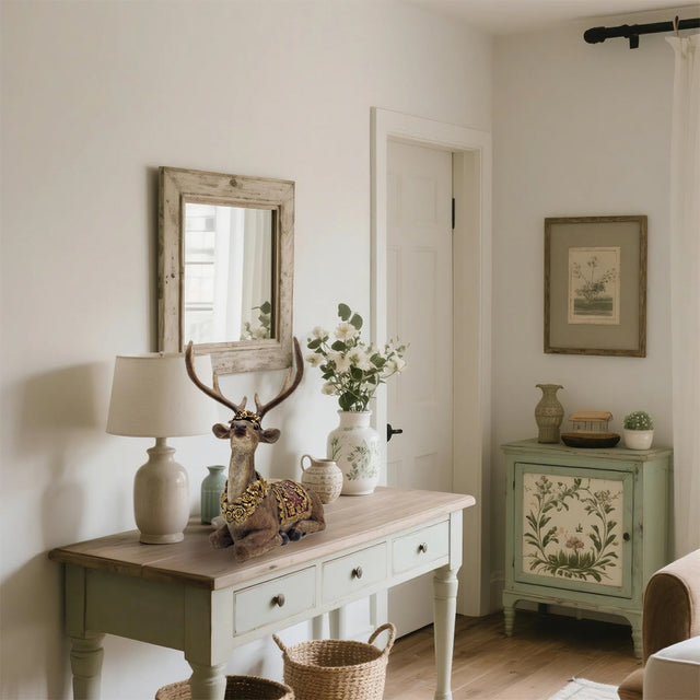 sitting deer figurine on the wooden table