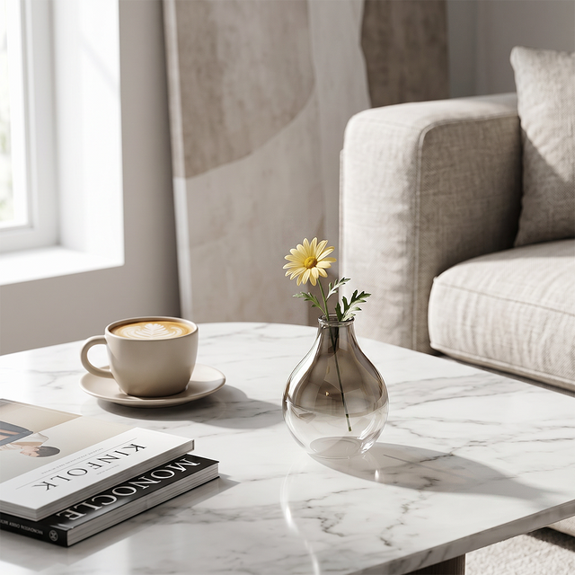 smoked glass vase with daisy on marble table