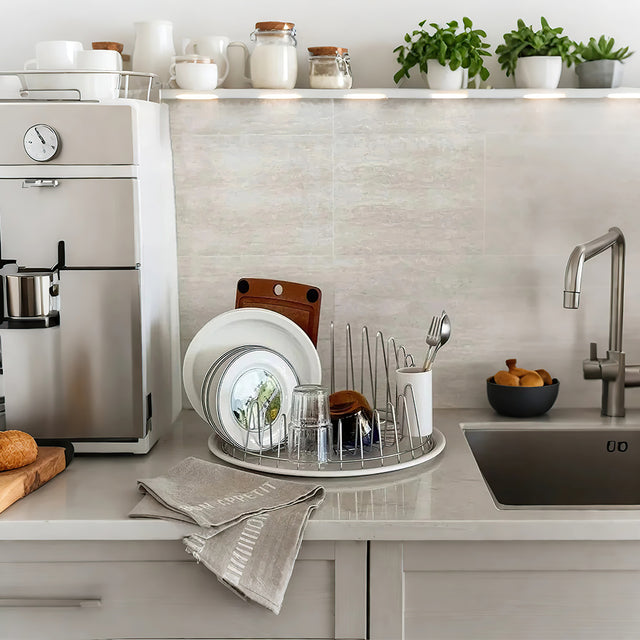 stainless steel dish drying rack with tray on the kitchen counter