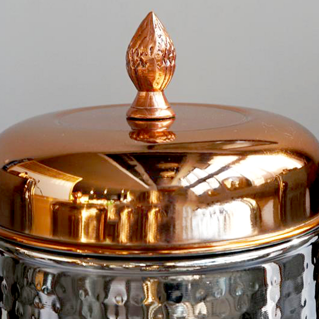 stainless steel sealed tea storage canister with a pineapple handle details