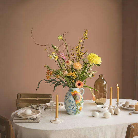 sunflower themed ceramic vase on the dining table